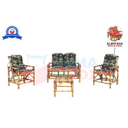 Conjunto Sofá de Área Bambu 4 Lugares de Fabricação Artesanal - 1 Sofá + 2 Cadeiras + 1 Mesa de Centro. Almofadas Dupla Face Preto e Vermelho - Cadeiras de Bambu Bambuluarte