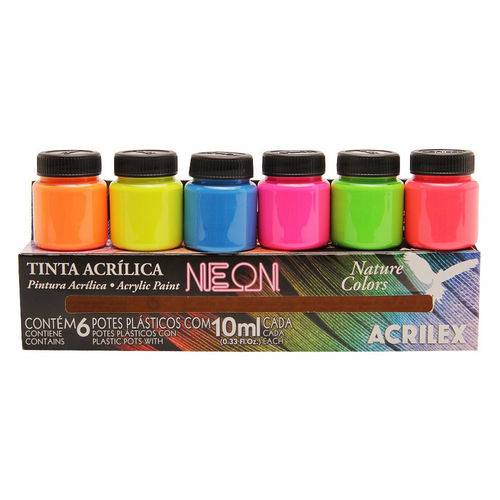 Conjunto Tinta Acrílica Neon Nature Colors Acrilex Efeito Fluorescente 6 Cores 10ml Cada