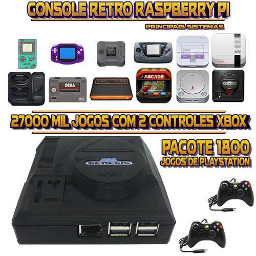 Console Retrô Mini Megadrive Genesis RetroPie 27.000 Jogos (1.800 Jogos para PS1) + 2 Controles XBOX
