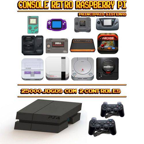 Console Retrô Mini PS4 RetroPie 25.000 Jogos + 2 Controles PS3
