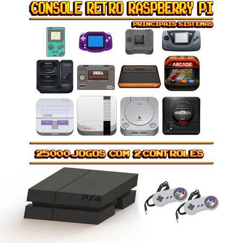 Console Retrô Mini PS4 RetroPie 25.000 Jogos + 2 Controles SNES