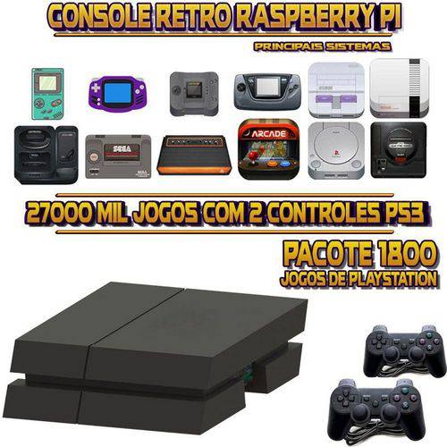 Console Retrô Mini PS4 RetroPie 27.000 Jogos (1.800 Jogos para PS1) + 2 Controles PS3