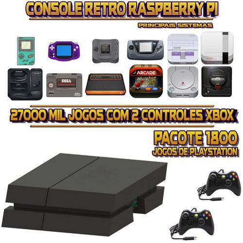 Console Retrô Mini PS4 RetroPie 27.000 Jogos (1.800 Jogos para PS1) + 2 Controles XBOX