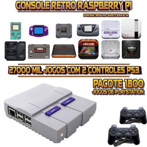 Console Retrô SNES RetroPie 27.000 Jogos (1.800 Jogos para PS1) + 2 Controles PS3