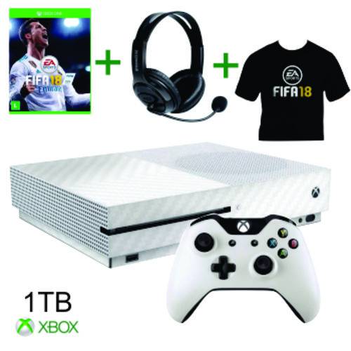 Console Xbox One S 1 Tera Tb Branco Controle Original Microsoft Ultra Hdr 4k + Jogo FIFA 18 + Headset + Camiseta Xbox