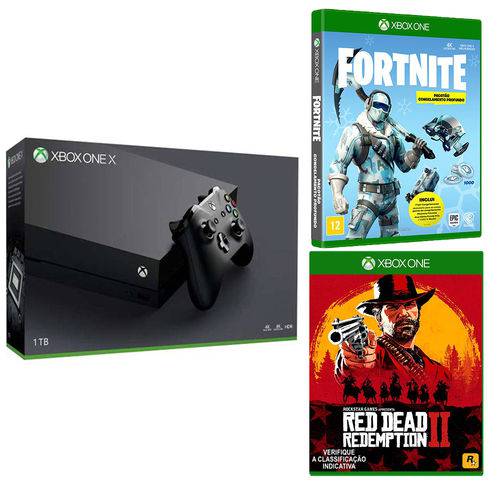 Console Xbox One X 1tb 4k + Fortnite: Pacotão de Congelamento Profundo + Red Dead Redemption 2