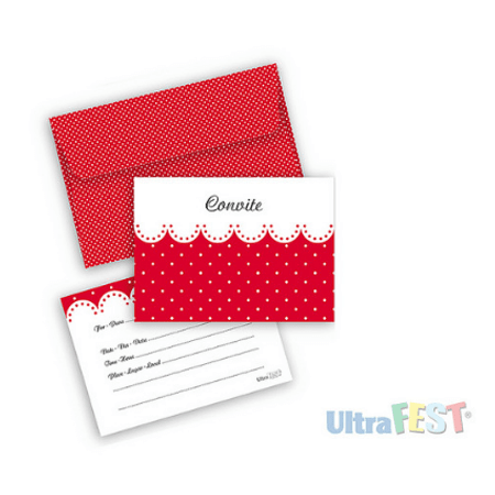 Convite Vermelho Poá Branco C/ Envelope - 8 Unidades