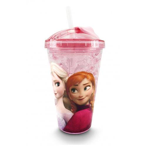 Copo com Tampa Canudo Gel Disney Frozen 450 Ml Anna e Elsa