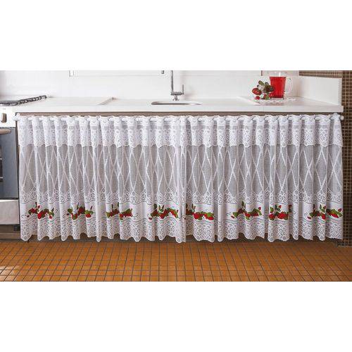Cortina de Renda Branca para Pia Cozinha Estampa de Morangos 1,50m X 80cm+20cm - Interlar