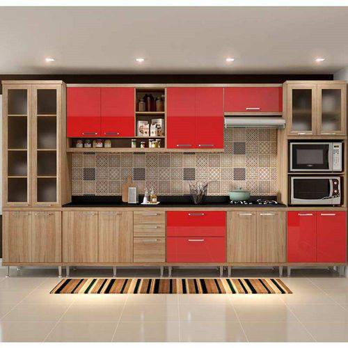 Cozinha com Tampo 9 Módulos Argila Texturizado e Vermelho Multimóveis