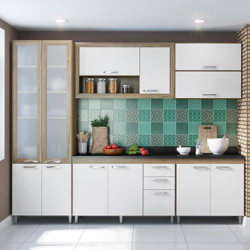 Cozinha Compacta 12 Portas C/ Tampo Pt e Vidro 5719 Branco/Argila