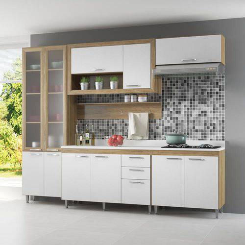 Cozinha Compacta 11 Portas C/ Tampo Br e Vidro 5723 Branco/Argila