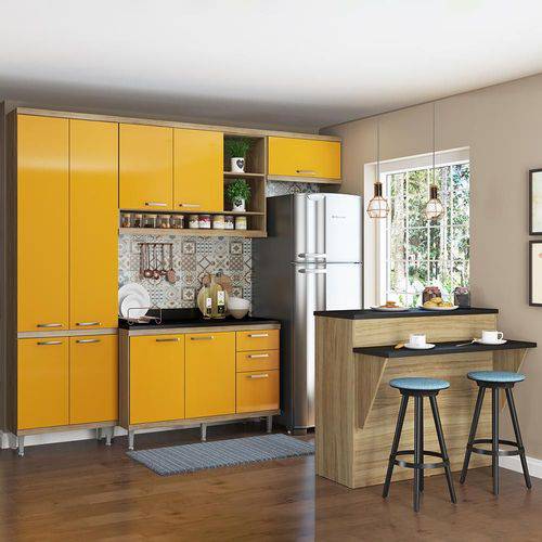Cozinha Compacta 11 Portas com Tampo e Bancada 5846 Amarelo/Argila