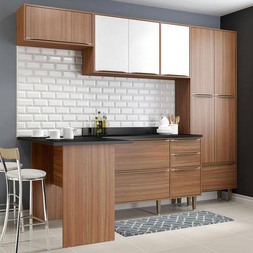 Cozinha Compacta 11 Portas com Tampo e Pés 5454 Nogueira/Branco - Multimóveis