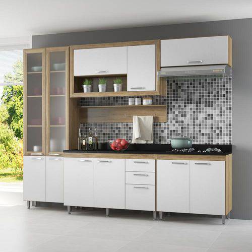 Cozinha Compacta 11 Portas com Tampo Pt e Vidro 5723 Branco/Argila