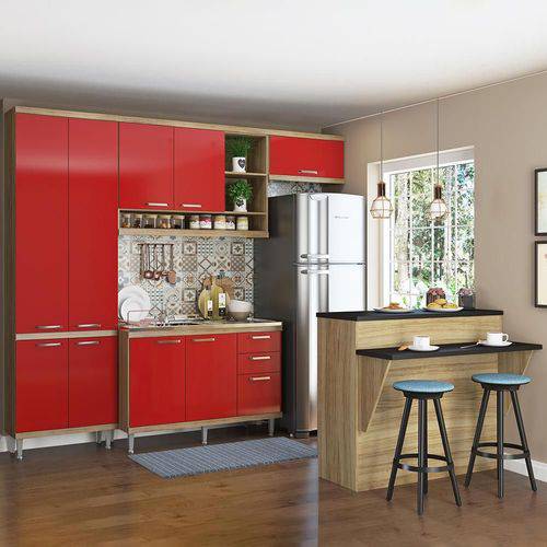 Cozinha Compacta 11 Portas S/ Tamp C/ Bancada 5845 Vermelho/Argila