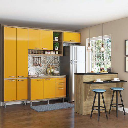 Cozinha Compacta 11 Portas Sem Tamp C/ Bancada 5845 Amarelo/Argila