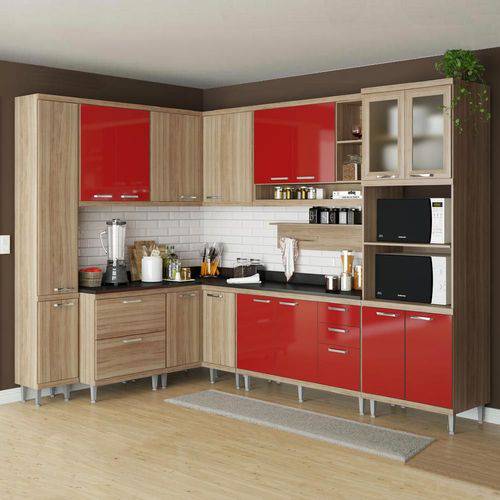 Cozinha Compacta 16 Portas C/ Tamp Pt e Vidro 5803 Vermelho/Argila