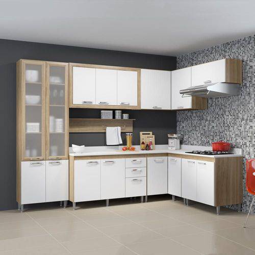 Cozinha Compacta 16 Portas C/ Tampo Br e Vidro 5715 Branco/Argila