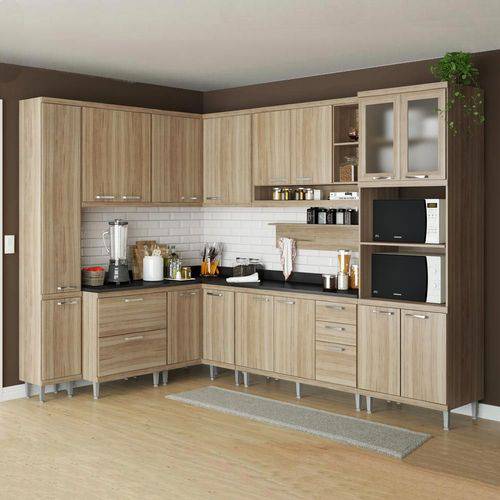 Cozinha Compacta 16 Portas C/ Tampo Preto e Vidro 5803 Argila - Multimóveis