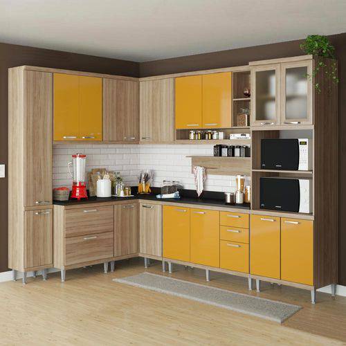 Cozinha Compacta 16 Portas C/ Tampo Pt e Vidro 5803 Amarelo/Argila