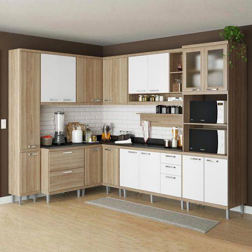 Cozinha Compacta 16 Portas C/ Tampo Pt e Vidro 5803 Branco/Argila