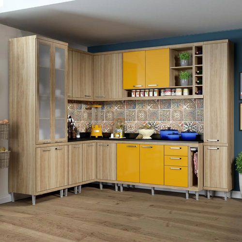 Cozinha Compacta 16 Portas com Tampo e Vidro 5805 Amarelo/Argila - Multimóveis