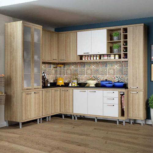 Cozinha Compacta 16 Portas com Tampo e Vidro 5805 Branco/Argila - Multimóveis