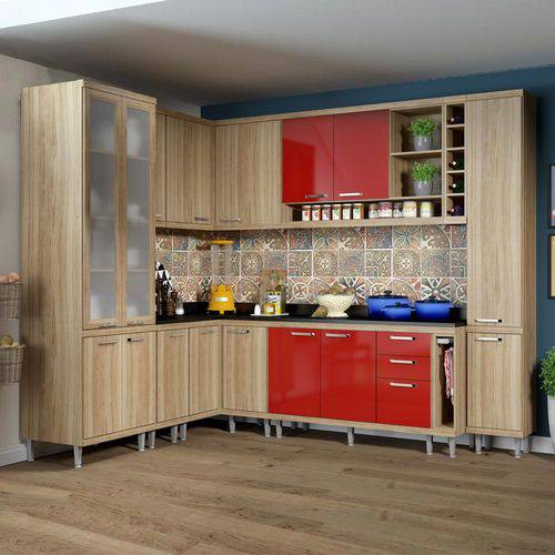 Cozinha Compacta 16 Portas com Tampo e Vidro 5805 Vermelho/Argila
