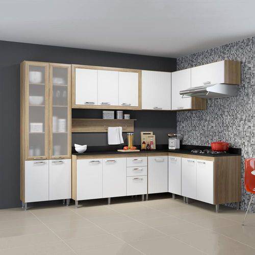 Cozinha Compacta 16 Portas com Tampo Pt e Vidro 5715 Branco/Argila