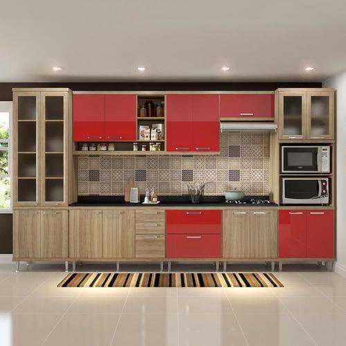 Cozinha Compacta 17 Portas com Tampo e Vidro 5807 Vermelho/Argila