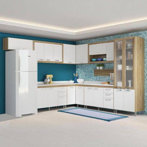 Cozinha Compacta 18 Portas C/ Tampo Br e Vidro 5717 Branco/Argila
