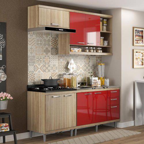 Cozinha Compacta 7 Portas com Balcão Sem Pia 5810 Vermelho/Argila