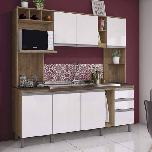 Cozinha Compacta 7 Portas 2 Gavetas Jasmine Siena Móveis Rústico/Branco