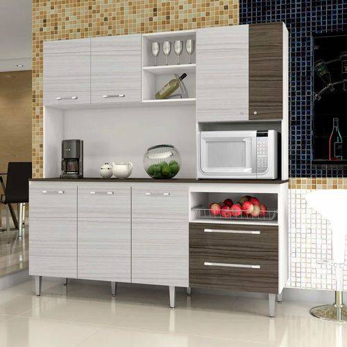 Cozinha Compacta 7 Portas Jade com Tampo Kits Paraná Branco Rovere com CP-Dubai