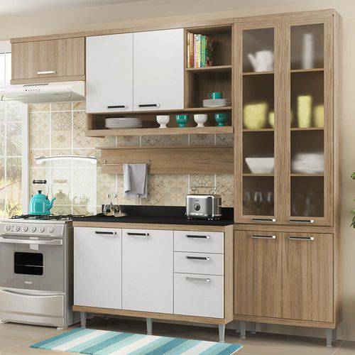 Cozinha Compacta 9 Portas com Tampo e Vidro 5817 Branco/Argila - Multimóveis