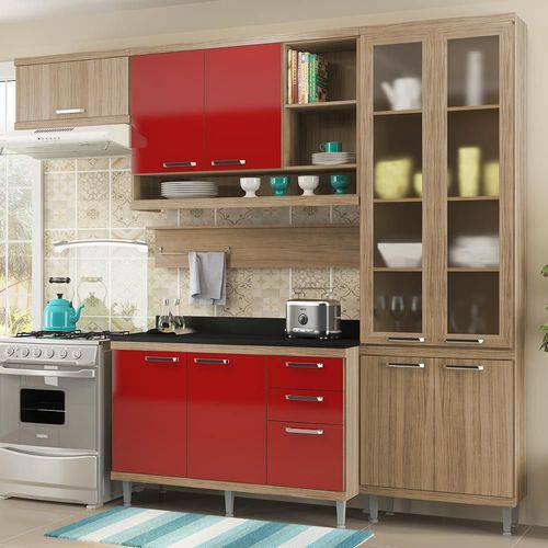 Cozinha Compacta 9 Portas com Tampo e Vidro 5817 Vermelho/Argila - Multimóveis
