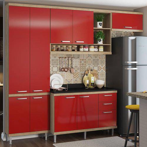 Cozinha Compacta 9 Portas Sicília com Tampo 5841 Vermelho/Argila