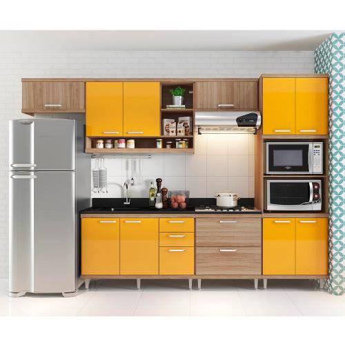 Cozinha Compacta Aéreos, Armário P/ Forno/Micro-Ondas e Balcões de Pia/Cooktop - Argila/Laca Amarelo