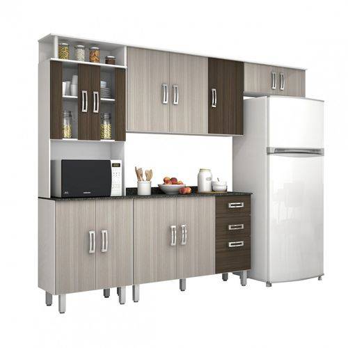 Cozinha Compacta com Balcão e Tampo 4 Peças Suíça Poliman Móveis Branco/Rovere/Amêndoa