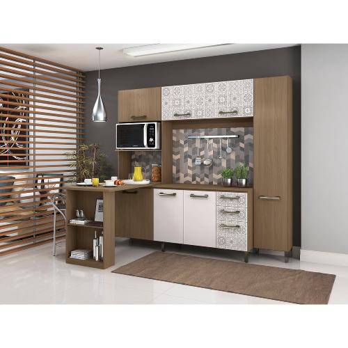 Cozinha Compacta com Bancada Kappesberg Sense 7 Portas 3 Gavetas - Nature/Branco/Azulejo