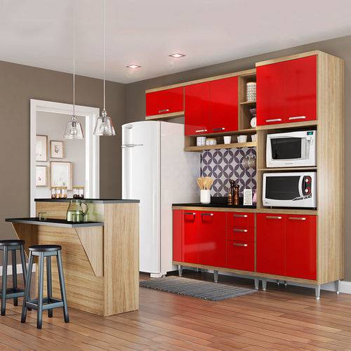 Cozinha Compacta com Tampo 12 Portas 5844 Argila/Vermelho - Multimóveis