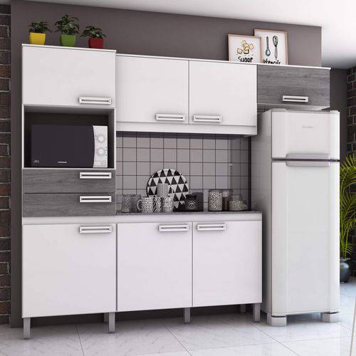 Cozinha Compacta com Tampo 7 Portas 2 Gavetas Jasmine Siena Móveis Branco/Gris