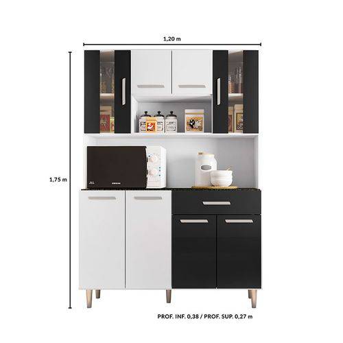 Cozinha Compacta com Tampo 8 Portas Gabi - Poliman - Branco / Preto