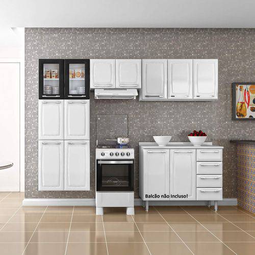 Cozinha Compacta 3 Peças 11 Portas 2 de Vidro Criativa Itatiaia Branco/Preto