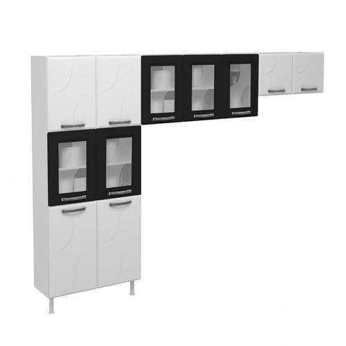 Cozinha Compacta 3 Peças 5 Portas de Vidro Sem Balcão Safira Telasul Branco/Preto
