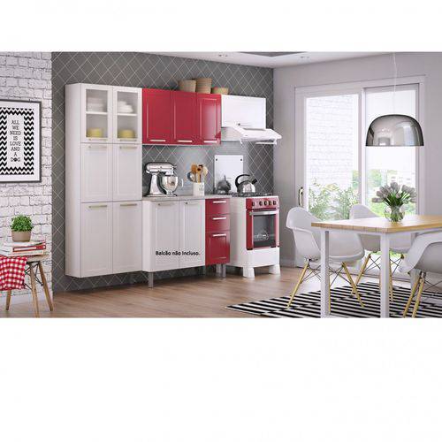 Cozinha Compacta 3 Peças Sem Balcão 2 Portas em Vidro Lara Class Itatiaia Branco/Vermelho