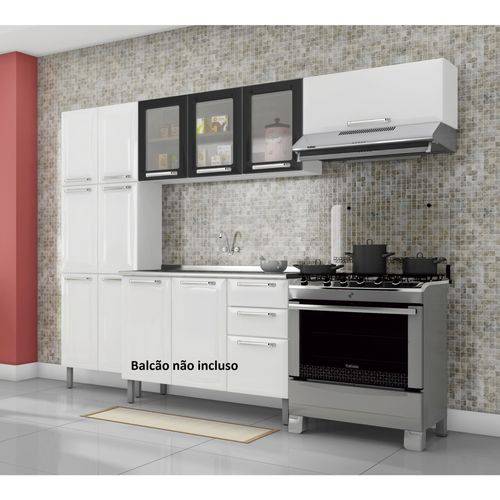 Cozinha Compacta 3 Peças Sem Balcão 3 Portas em Vidro Tarsila Itatiaia Branco/Preto