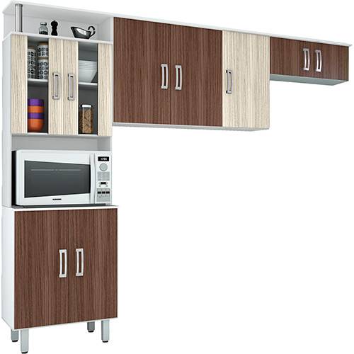 Cozinha Compacta Poliman Suíça Branco/Amêndoa/Rovere 3 Peças: Paneleiro, Aéreo e Armário Geladeira