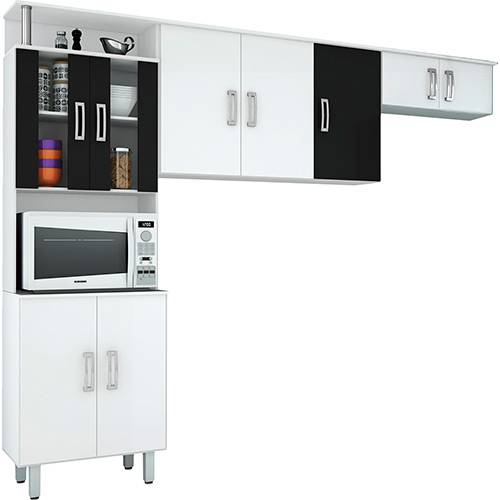 Cozinha Compacta Poliman Suíça Branco/Preto 3 Peças: Paneleiro, Aéreo e Armário Geladeira